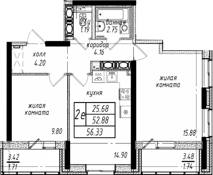 2-комнатная квартира 56.33 м², 25/25 эт., ЖК «Северная Долина»